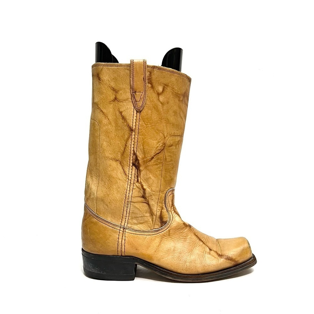 Vintage 1970s Men’s Tan Marbled Leather Square Toe Western Roper Boots